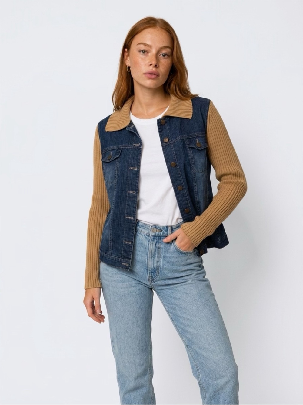 By Design Denim Jacket with Tan Knit Sleeves And Back